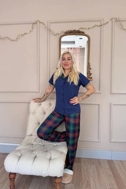 Navy Tartan Exclusive Önden Düğmeli Kadın Pijama Takımı - 6