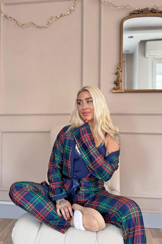 Navy Tartan Exclusive Örme Sabahlıklı Kadın Pijama Takım - Pijamaevi (3)