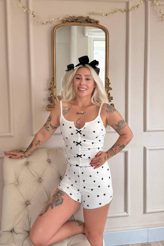 Nero Cuore Pigiama Desenli Dantelli Örme Askılı Şortlu Kadın Pijama Takımı - Pijamaevi (1)