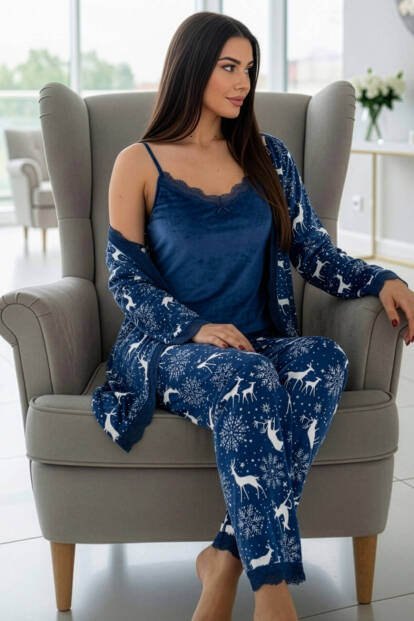 Nordic Blue Deer Exclusive Kadife Sabahlıklı Kadın Pijama Takımı  - 2