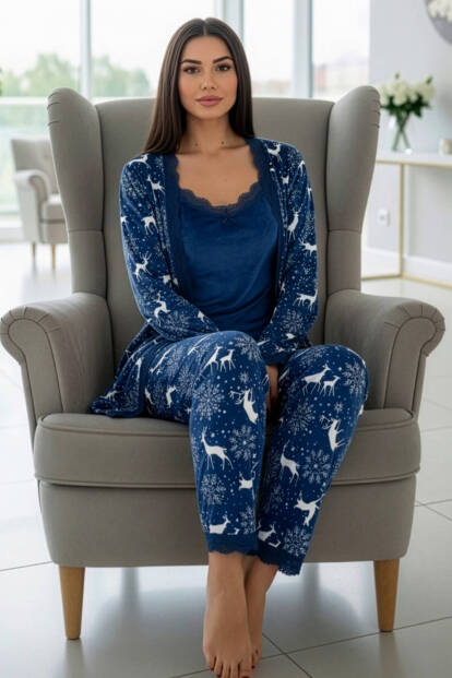 Nordic Blue Deer Exclusive Kadife Sabahlıklı Kadın Pijama Takımı  - 3