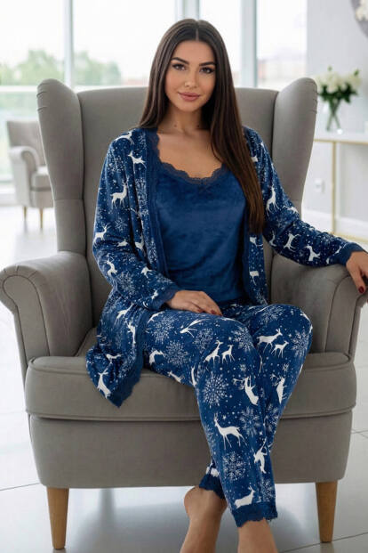 Nordic Blue Deer Exclusive Kadife Sabahlıklı Kadın Pijama Takımı  - 5