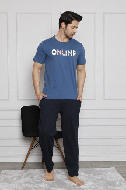 Online Baskılı Kısa Kollu Erkek Pijama Takımı - 1
