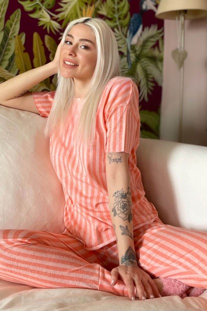 Orange Linie Baskılı Kısa Kollu Kadın Pijama Takımı - 1