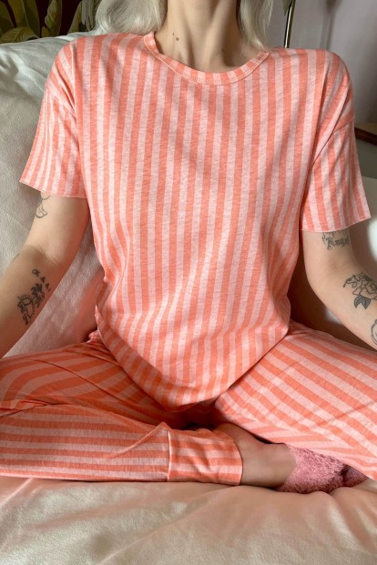 Orange Linie Baskılı Kısa Kollu Kadın Pijama Takımı - 3