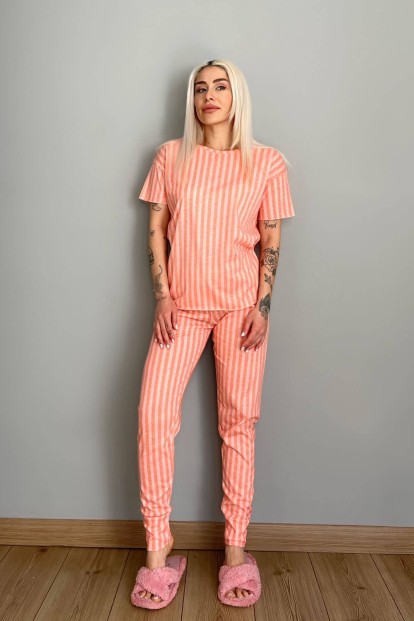 Orange Linie Baskılı Kısa Kollu Kadın Pijama Takımı - 4