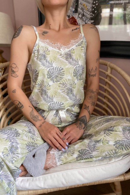 Palmiye Dantelli İp Askılı Örme Kadın Pijama Takımı - 3