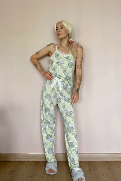 Palmiye Dantelli İp Askılı Örme Kadın Pijama Takımı - 4