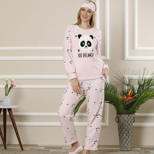 Panda Big Dreamer Desenli Kadın Peluş Pijama Takımı - 1