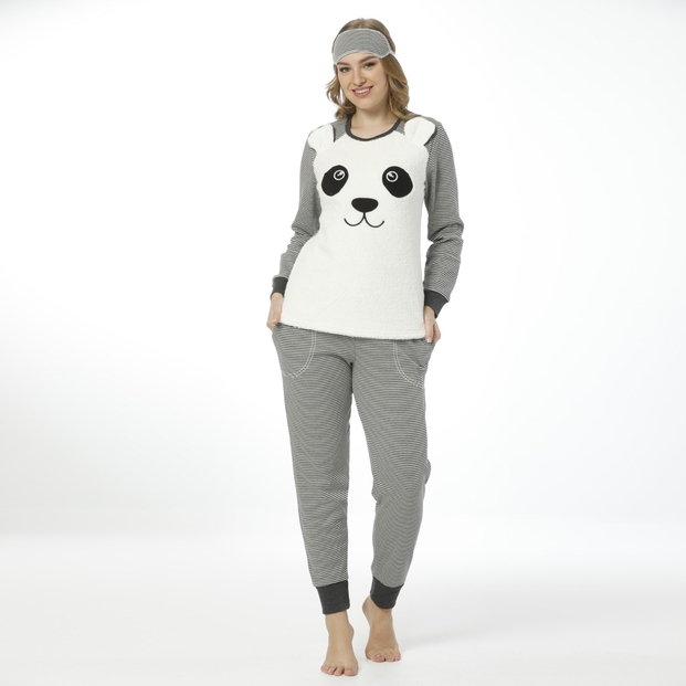 Panda Desenli Uzun Kollu Manşetli Kadın Pijama Takımı - 1