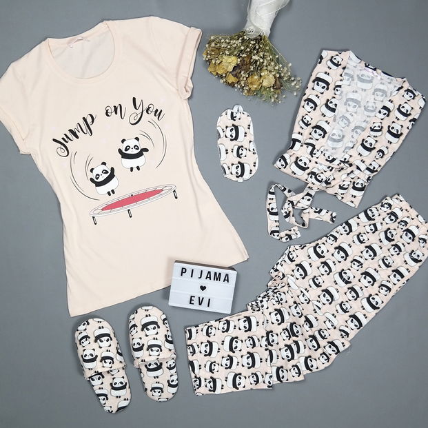Panda Jump Desenli Sabahlıklı Pijama Takımı - 3