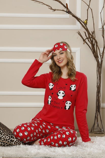 Panda Love Desenli Uzun Kollu Kadın Pijama Takımı - 1