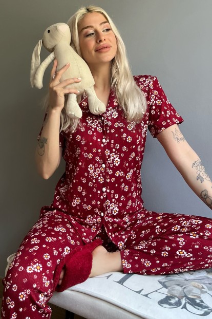 Papatya Desenli Örme Önden Düğmeli Kısa Kol Kadın Pijama Takımı - 1