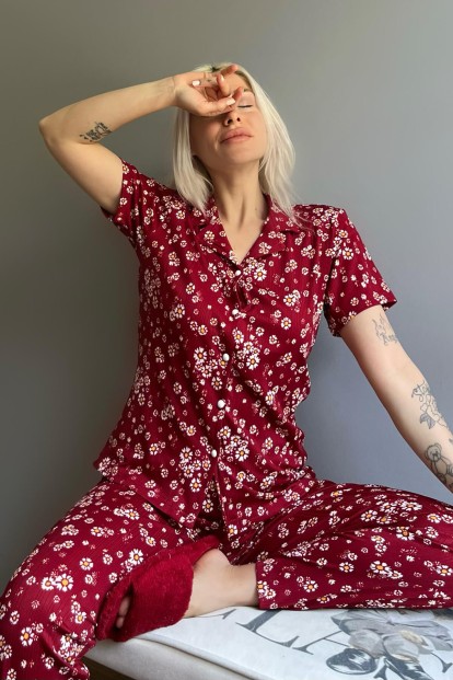 Papatya Desenli Örme Önden Düğmeli Kısa Kol Kadın Pijama Takımı - 3