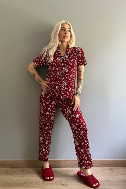 Papatya Desenli Örme Önden Düğmeli Kısa Kol Kadın Pijama Takımı - 4
