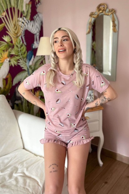 Pasta Kahve Baskılı Şortlu Kadın Pijama Takımı - 3