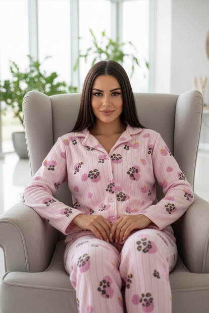 Pati Desenli Önden Düğmeli Peluş Polar Pijama Takımı - 3