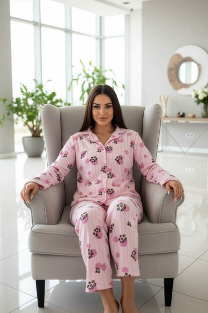 Pati Desenli Önden Düğmeli Peluş Polar Pijama Takımı - 4