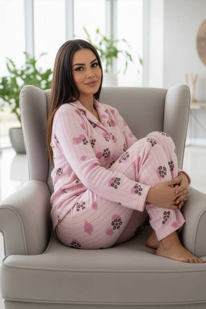 Pati Desenli Önden Düğmeli Peluş Polar Pijama Takımı - 5