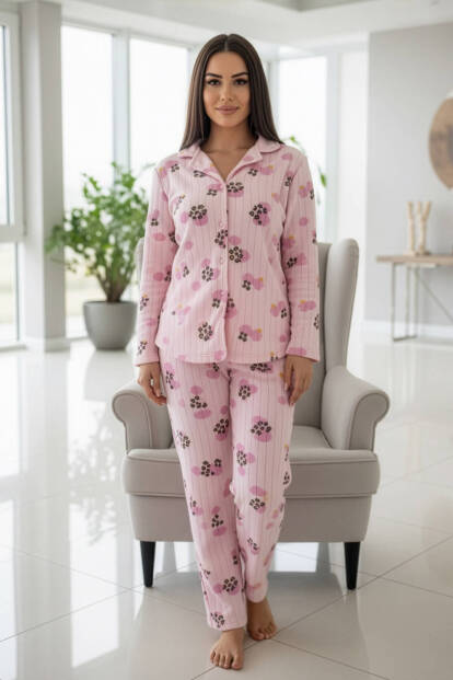 Pati Desenli Önden Düğmeli Peluş Polar Pijama Takımı - 6