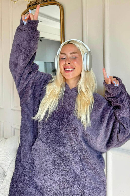 Patlıcan Moru Kapşonlu Tam Peluş Oversize Sweat Panço Pijama - Pijamaevi (3)