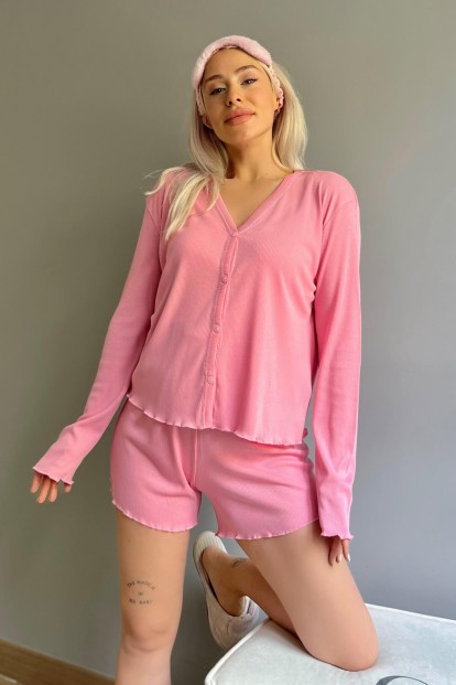 Pembe 3'lü Set Önden Düğmeli Uzun ve Askılı Şortlu Kadın Pijama Takımı - 2