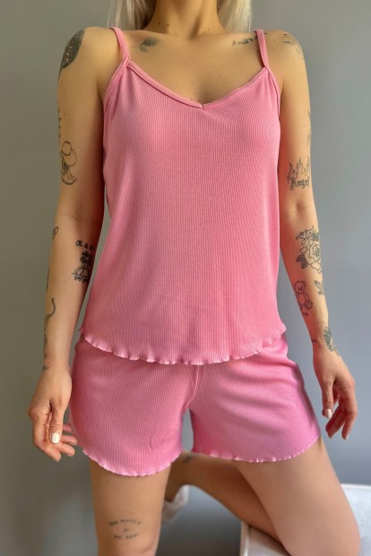 Pembe 3'lü Set Önden Düğmeli Uzun ve Askılı Şortlu Kadın Pijama Takımı - 5