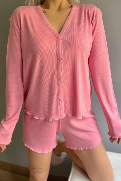 Pembe 3'lü Set Önden Düğmeli Uzun ve Askılı Şortlu Kadın Pijama Takımı - 6
