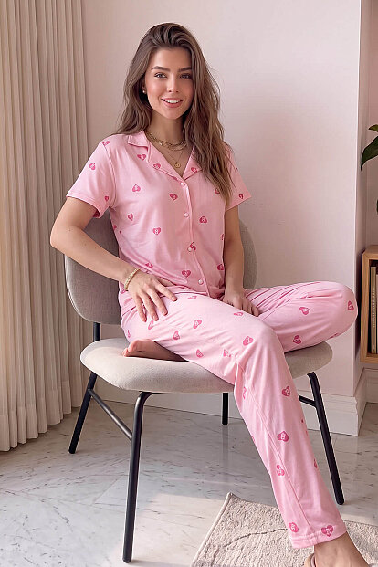 Pembe B Desenli Bambu Önden Düğmeli Kısa Kol Pijama Takımı - 2