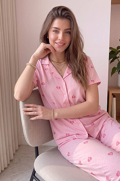 Pembe B Desenli Bambu Önden Düğmeli Kısa Kol Pijama Takımı - 3