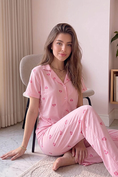Pembe B Desenli Bambu Önden Düğmeli Kısa Kol Pijama Takımı - 4