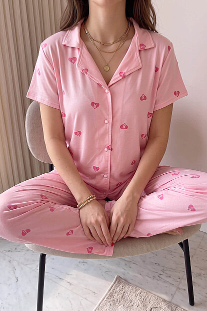 Pembe B Desenli Bambu Önden Düğmeli Kısa Kol Pijama Takımı - 5