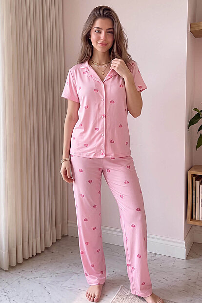 Pembe B Desenli Bambu Önden Düğmeli Kısa Kol Pijama Takımı - 7