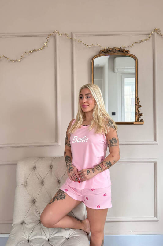 Pembe B Desenli Bambu Sıfır Kol Şortlu Kadın Pijama Takımı - Pijamaevi (1)
