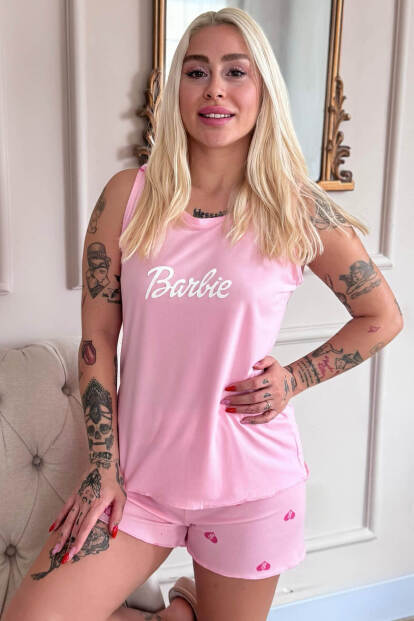 Pembe B Desenli Bambu Sıfır Kol Şortlu Kadın Pijama Takımı - 6