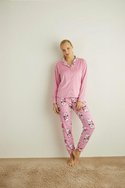 Pembe Bear Desenli Termal Önden Düğmeli Uzun Kollu Kadın Pijama Takımı - 4