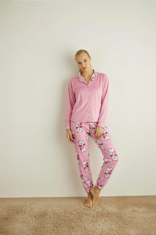 Pembe Bear Desenli Termal Önden Düğmeli Uzun Kollu Kadın Pijama Takımı - Pijamaevi (3)