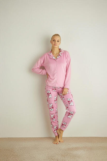 Pembe Bear Desenli Termal Önden Düğmeli Uzun Kollu Kadın Pijama Takımı - 5