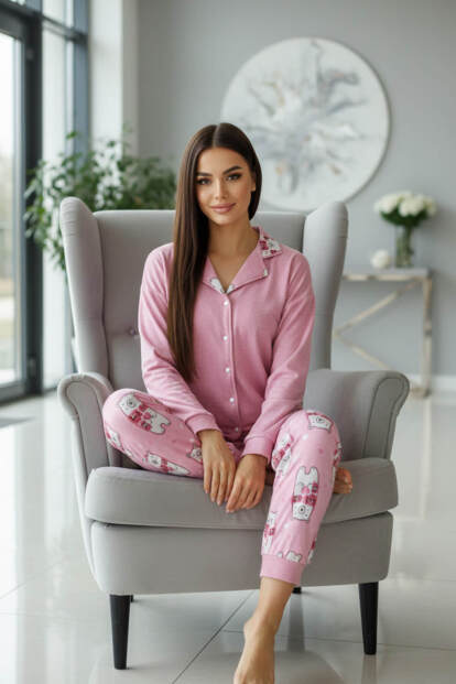 Pembe Bear Desenli Termal Önden Düğmeli Uzun Kollu Kadın Pijama Takımı - 5