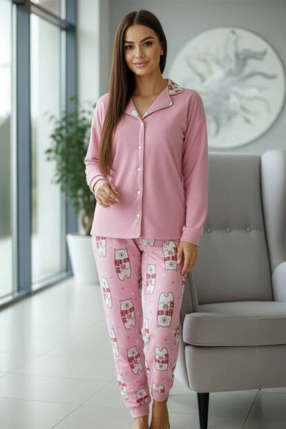 Pembe Bear Desenli Termal Önden Düğmeli Uzun Kollu Kadın Pijama Takımı - 6