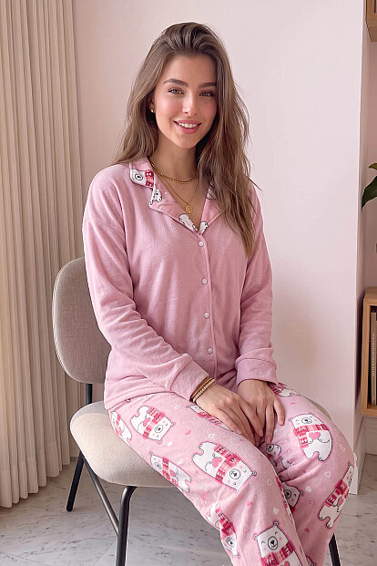 Pembe Bear Desenli Termal Önden Düğmeli Uzun Kollu Kadın Pijama Takımı - 2