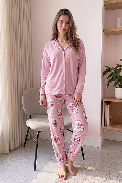 Pembe Bear Desenli Termal Önden Düğmeli Uzun Kollu Kadın Pijama Takımı - 6