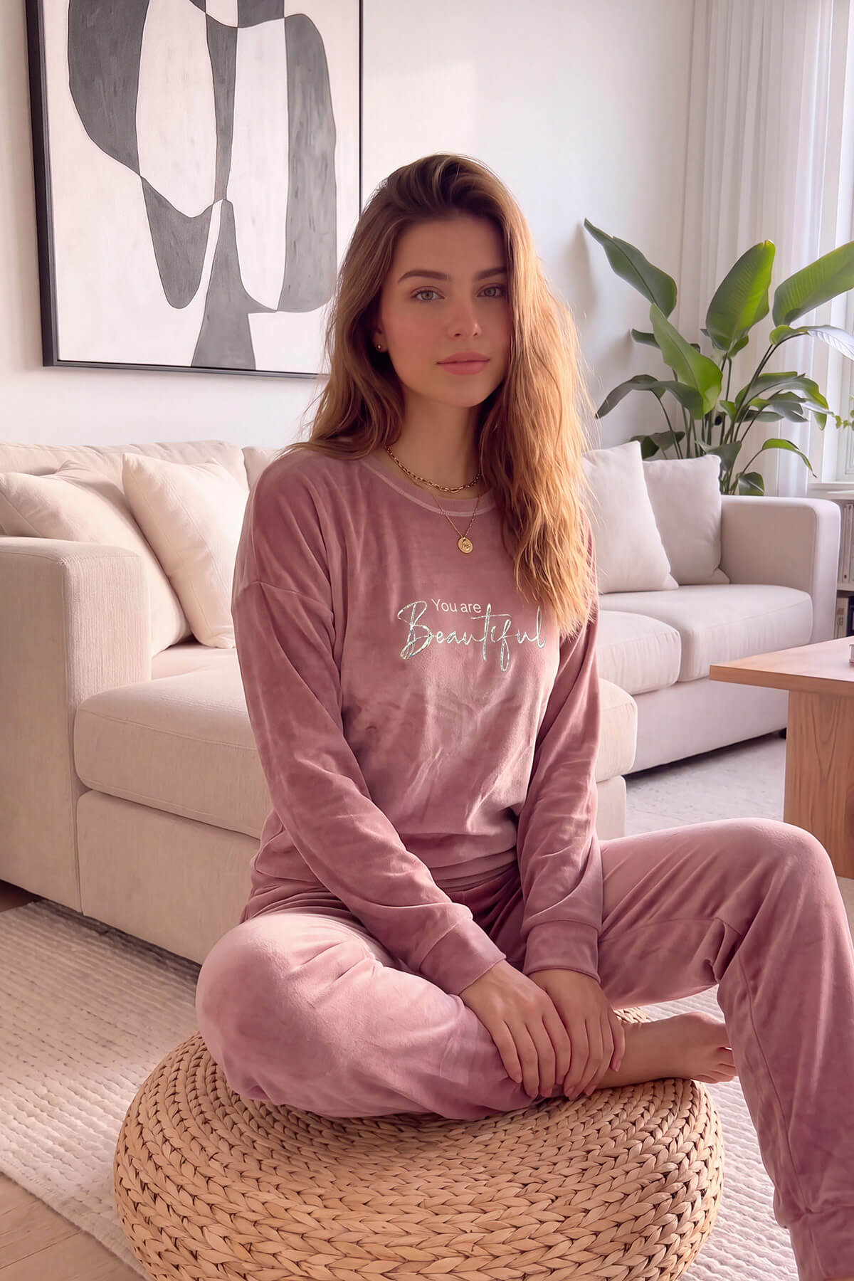 Pembe Beautiful Desenli Exclusive Kadife Kadın Pijama Takımı  - Pijamaevi (1)