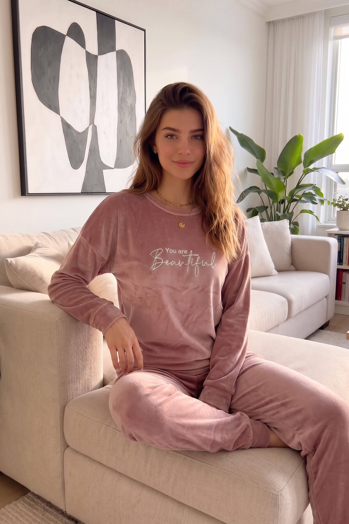 Pembe Beautiful Desenli Exclusive Kadife Kadın Pijama Takımı  - Pijamaevi (3)