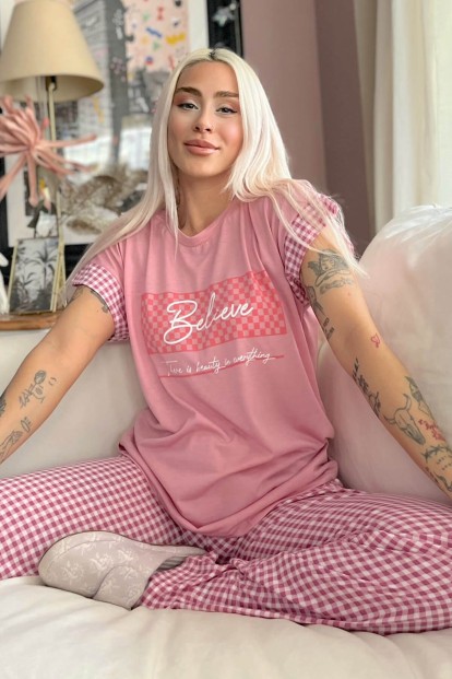 Pembe Believe Baskılı Örme Kısa Kol Kadın Pijama Takımı - 1