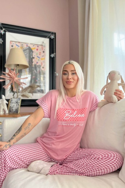 Pembe Believe Baskılı Örme Kısa Kol Kadın Pijama Takımı - 2