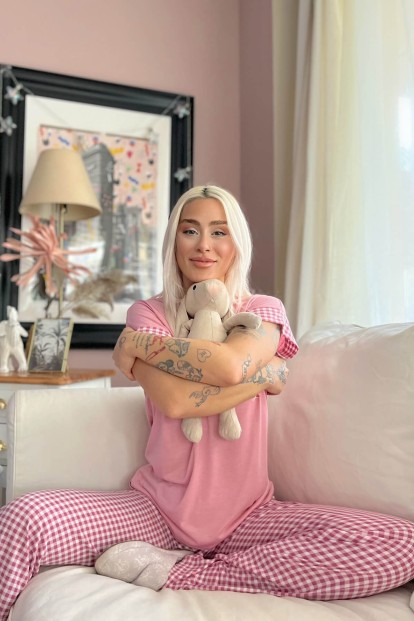 Pembe Believe Baskılı Örme Kısa Kol Kadın Pijama Takımı - 3