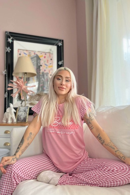 Pembe Believe Baskılı Örme Kısa Kol Kadın Pijama Takımı - 4