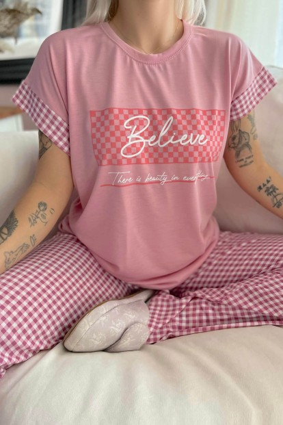 Pembe Believe Baskılı Örme Kısa Kol Kadın Pijama Takımı - 5