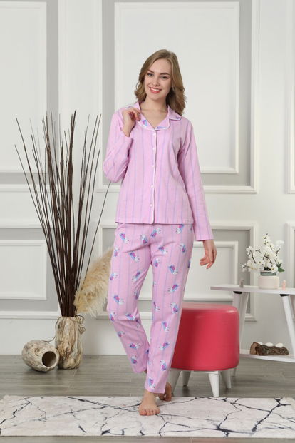 Pembe Bird Desenli Önden Düğmeli Kısa Kollu Pijama Takımı - 2